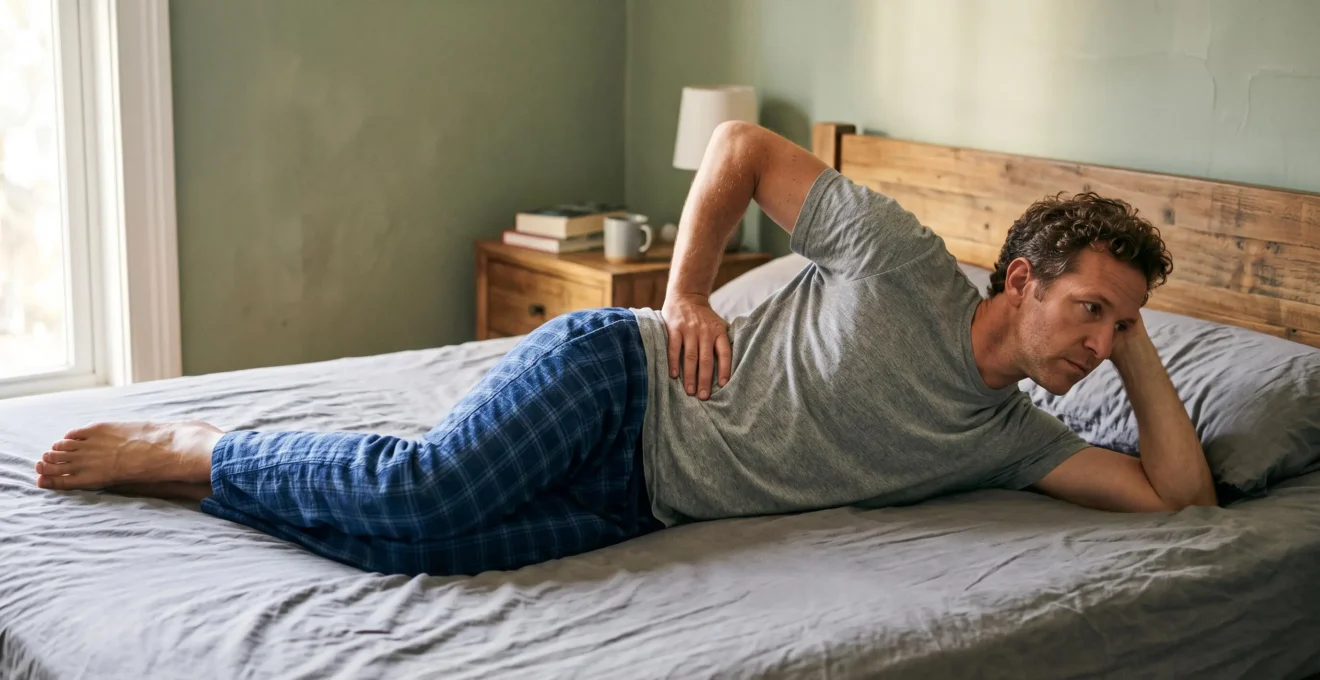 Un homme sur le côté vérifie l'alignement de son dos sur un matelas ferme.