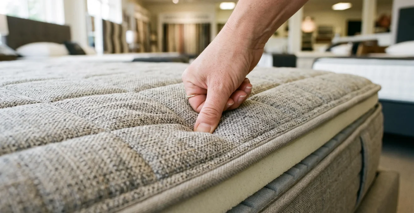 Une main appuie sur la surface dense d'un matelas ferme en magasin.