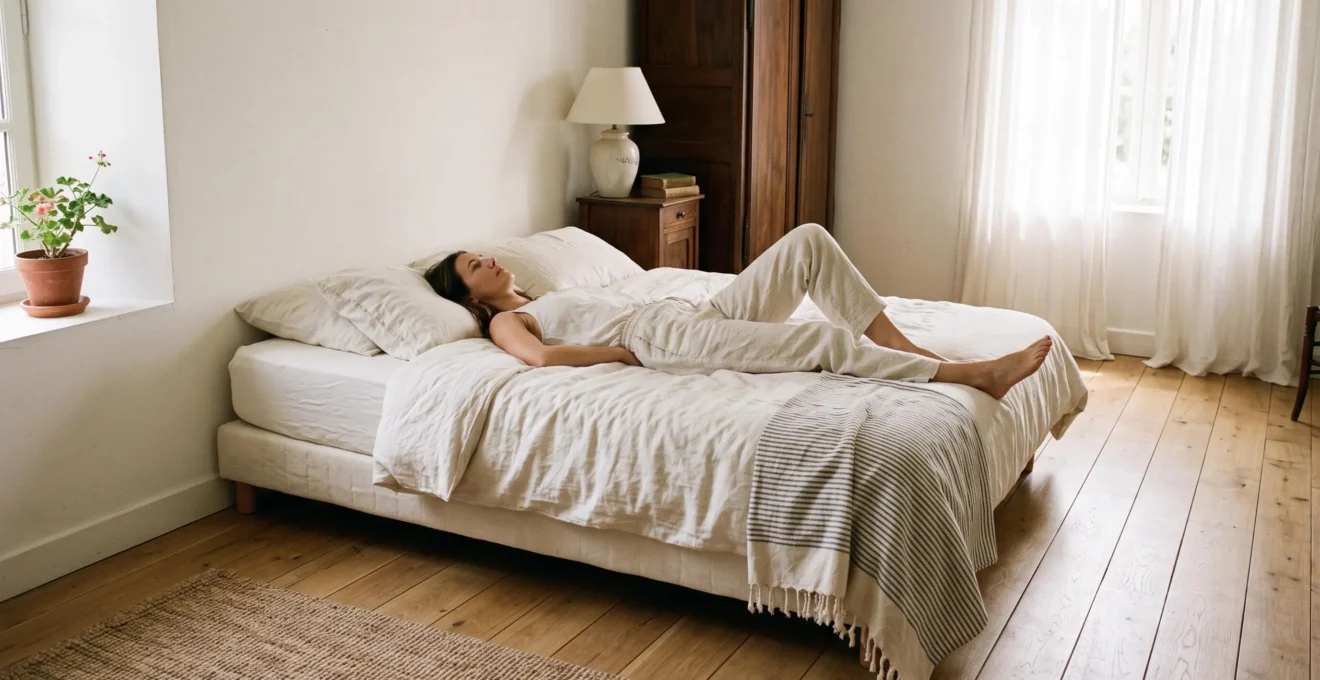 Une femme teste un matelas ferme allongée sur le dos dans une chambre lumineuse.