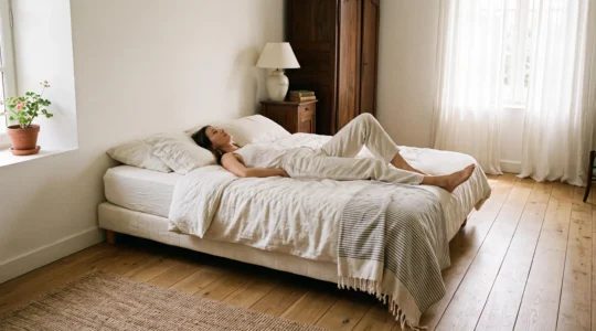 Une femme teste un matelas ferme allongée sur le dos dans une chambre lumineuse.