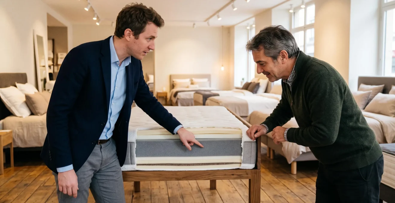 Un vendeur montre la couche de soutien d'un matelas à un client en magasin.